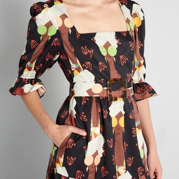 NWT Modcloth 'Lets Go Boho' Brown & Black Maxi 1/2 sleeve Dress - Picture 2 of 6